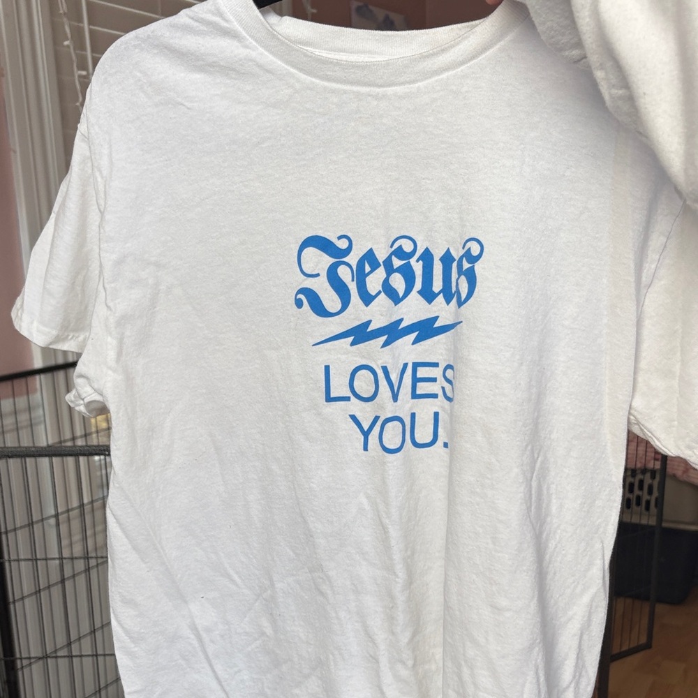 White Graphic Tee with Blue Print